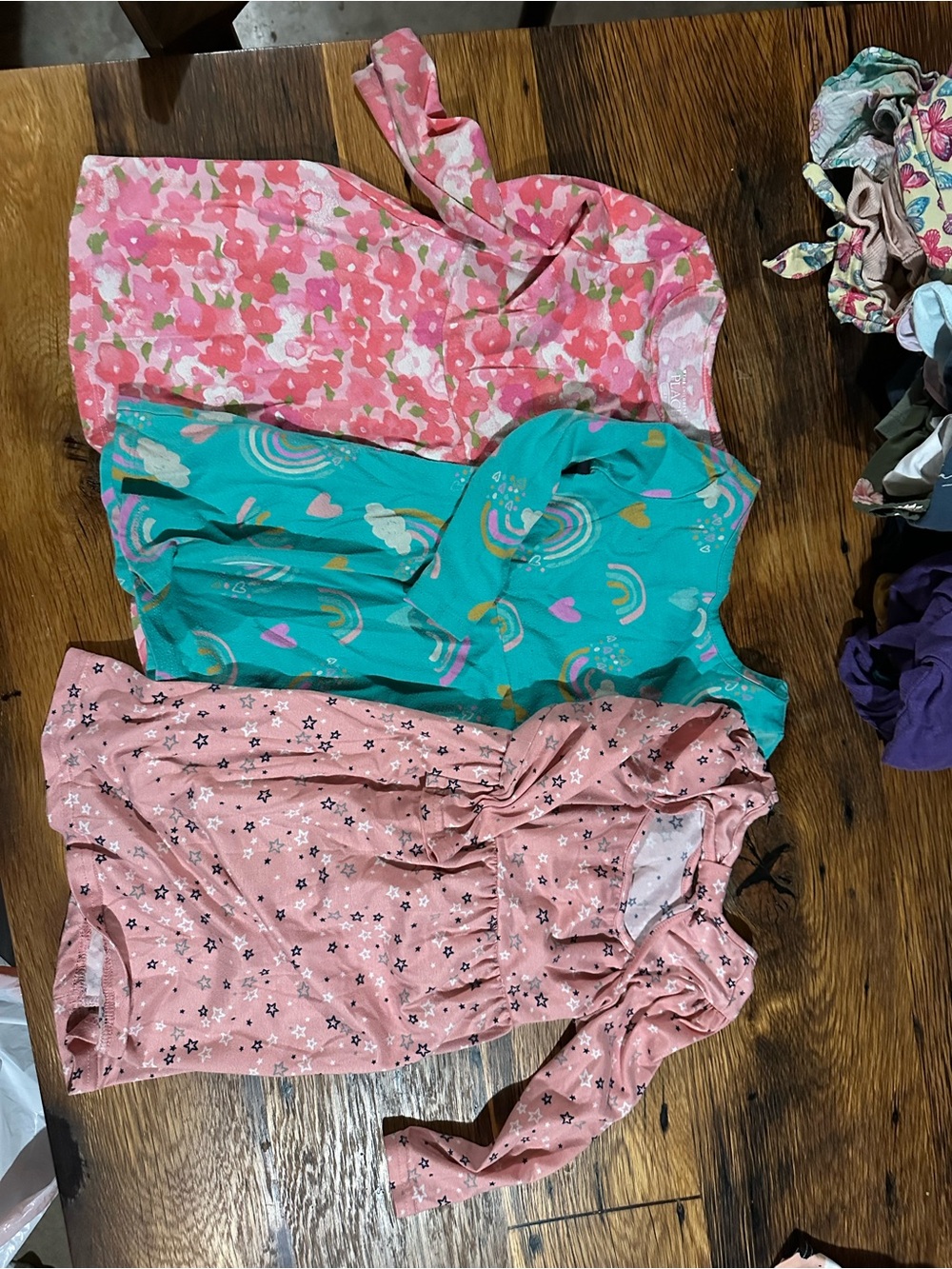 Set of 3 Girls' Long Sleeve Tops - Pink Floral, Teal Rainbow, Dusty Pink Star